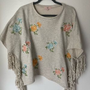 Anthropologie TP Floral Embroidered Fringe Poncho Top One Size